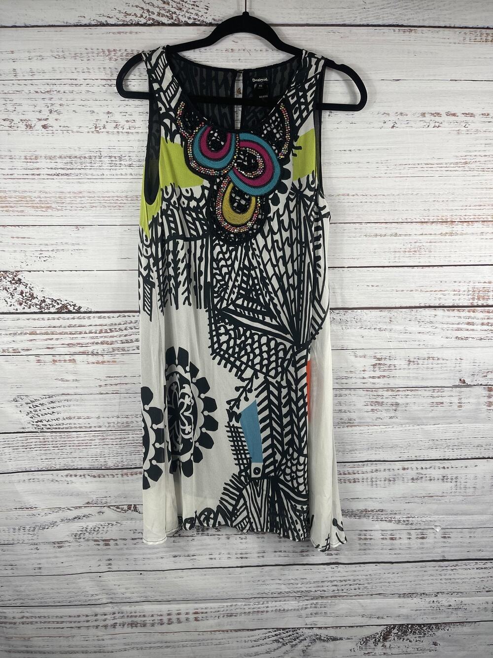 Desigual Dress Women's 40 Size Medium Geometric Beaded Tank Shift Knee Length
